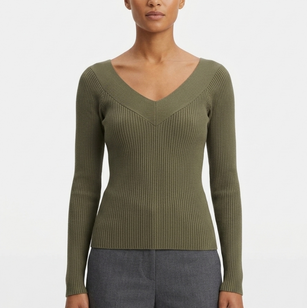 H&M Olive Ribbed Double V-Neck Long Sleeve Top Size Medium